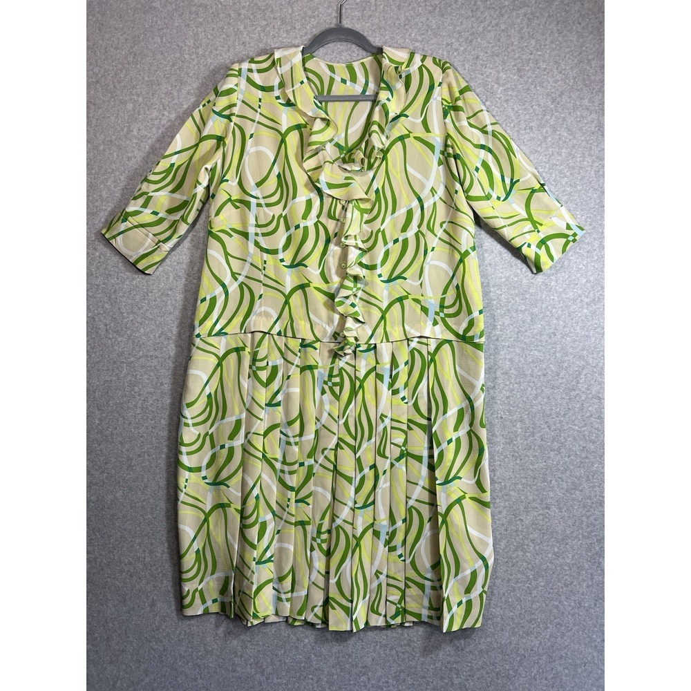 Vintage Green Abstract Ruffle Dress Mod Retro Pleated Statement Midi
